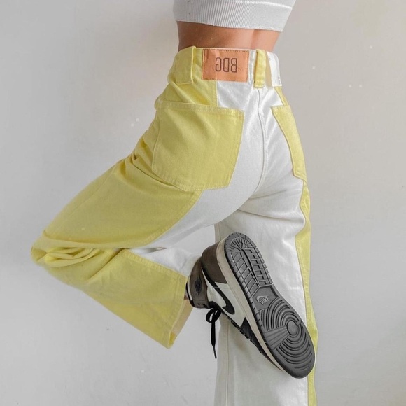 BDG Off-White color block yellow hi rise wide leg Textured Pants - Picture 4 of 8